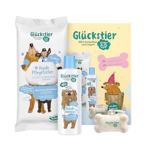 Glückstier Duo Geschenkset | Mit Glückstier Hundeshampoo parfümfrei (250ml), Hundepflegetücher (60 STK.) & Hundebeutel-Spender (inkl. 15 Beutel) | ohne Parfüm | für Welpen & Sensible Hundenasen von Glückstier