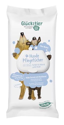 Glückstier Hundepflegetücher, perfekte Fellpflege für unterwegs, vegan, milde Reinigung ohne Ausspülen, ohne Parfüm & ohne Alkohol, 60 Stück plastikfreie Feuchttücher von Glückstier