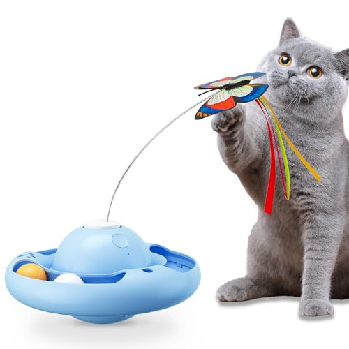 Gmiigu interaktives katzenspielzeug selbstbeschäftigung Intelligenz Elektrischer mit 2 Schmetterling und 2 Kugeln, 3-Gang Tumbler Spielzeug für Erwachsene Katze, Kätzchen, blau（Ohne Batterie） von Gmiigu