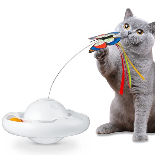 Gmiigu katzenspielzeug selbstbeschäftigung interaktives Elektrischer Intelligenz mit 2 Schmetterling und 2 Kugeln, 3-Gang Katzen Spielzeug Tumbler für Erwachsene Katze, Kätzchen, weiß（Ohne Batterie） von Gmiigu