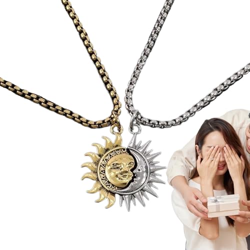 Gmokluytw Mond Und Sonne Halskette – Symbolanhänger Aus Titanstahl | Schmuck Paar Damen Herren | Retro Asymmetrisches Accessoire | Mode Geschenk Valentinstag | Lange Kette Vintage Stil von Gmokluytw