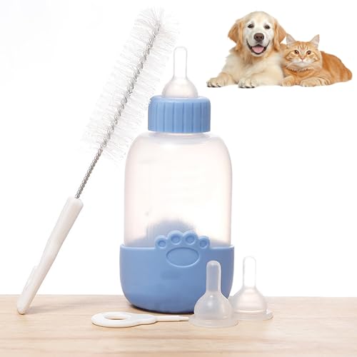 GmwyCzV Haustier Futterflasche,100 ml Futterspender mit Klarer Skala,Weiche Silikon Haustier Milchflasche,Universelle Pfotenmuster Haustier Stillflasche für Neugeborene Kätzchen,Welpen (Blau) von GmwyCzV