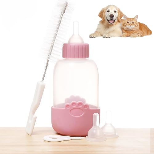 GmwyCzV Haustier Futterflasche,100 ml Futterspender mit Klarer Skala,Weiche Silikon Haustier Milchflasche,Universelle Pfotenmuster Haustier Stillflasche für Neugeborene Kätzchen,Welpen (Rosa) von GmwyCzV