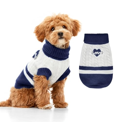 Hundepullover gestrickt für kleine bis große Hunde, Jungen und Mädchen, klassischer Rollkragenpullover, Weihnachtspullover, warme und weiche Haustierkleidung für den Winter (Love Blue, XS) von GoGoPaw