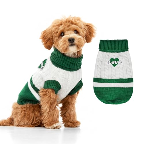 Hundepullover gestrickt für kleine bis große Hunde, Jungen und Mädchen, klassischer Rollkragenpullover, Weihnachtspullover, warme und weiche Haustierkleidung für den Winter (Love Green, XS) von GoGoPaw