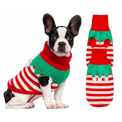 Hundepullover gestrickt für kleine bis große Hunde, Jungen und Mädchen, klassischer Rollkragenpullover, warme und weiche Haustierkleidung für den Winter (Weihnachtsmann-Streifen, M) von GoGoPaw