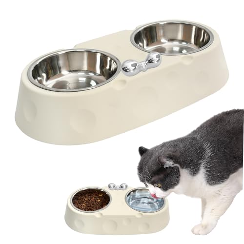 Katzennapf mit Käsemuster und Schleife, Doppelter Futternapf aus Edelstahl, Erhöhter Futter- und Wassernapf für Katzen und kleine Hunde, rutschfest – Weiß von Godneei