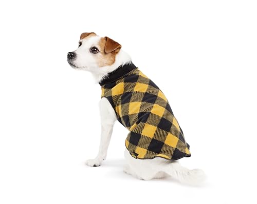 Gold Paw Duluth Doppel-Fleece-Hundemantel, weich, warme Hundekleidung, 4-Wege-Stretch-Haustierpullover, maschinenwaschbar, für alle Jahreszeiten, Gold-Büffelkaro-/Schwarz, 12 von Gold Paw