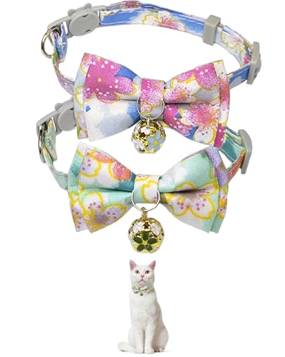 Abnehmbares Katzenhalsband-Set mit Blumendruck, Baumwollmischung, niedliche Glocke, verstellbar, 19,1–31 cm, für Jungen und Mädchen, Katzen (Blau und Grün) von GoldTiger