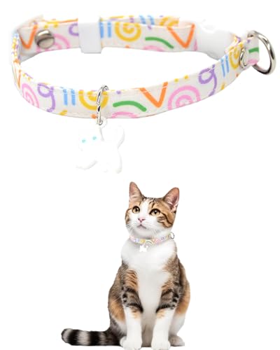 GoldTiger Graffiti-Katzenhalsband mit Abreißverschluss und süßem Katzenanhänger, verstellbare Größe 20 - 30 cm, für mittelgroße bis kleine Katzen, Weiß von GoldTiger