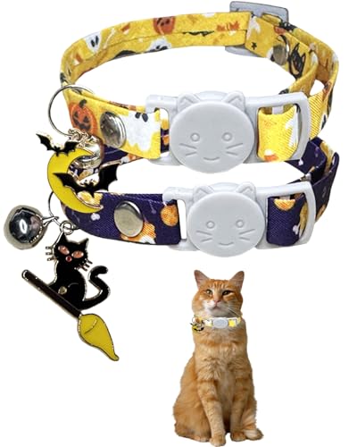 GoldTiger Halloween-Katzenhalsbänder mit Anhänger und Glöckchen, verstellbare Katzenhalsbänder mit Sicherheitsschnalle, Urlaubskatzenhalsband für Mädchen und Jungen, verstellbar von 20 - 30 cm, 2 von GoldTiger