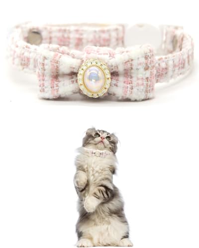 GoldTiger Katzenhalsband mit Fliege, niedliches Perlen-Katzenhalsband mit Abreißverschluss, geeignet für mittelgroße bis kleine Katzen, verstellbare Größe 20 - 30 cm, Rosa von GoldTiger