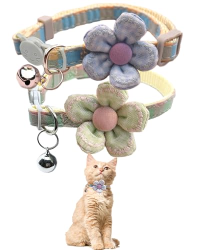 Kariertes Kätzchen-Halsband mit Blume, Katzenhalsband mit Glöckchen, Katzenhalsband für Mädchen und Katzen, verstellbar 17,8 bis 32 cm, für kleine und mittelgroße Haustiere (Grün und Blau) von GoldTiger