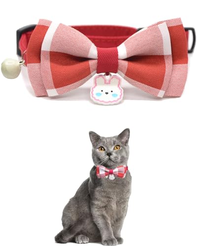 Kariertes Katzenhalsband mit Fliege, niedliches Kätzchen-Halsband mit Glocken- und Kaninchen-Anhänger, verstellbare Größe 20 - 29,9 cm, Größe M, Rot Kariertes Katzenhalsband mit Fliege, niedliches Kätzchen-Halsband mit Glocken- und Kaninchen-Anhänger, verstellbare Größe 20 - 29,9 cm, Größe M, Rot von GoldTiger
