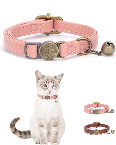Katzenhalsband aus Leder im Vintage-Stil, verstellbar, langlebig, Retro-Glocke, geeignet für alle Arten von Katzen und kleinen Hunden (Rosa) von GoldTiger