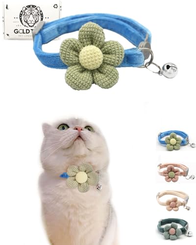 Katzenhalsband mit Blume, abreißbares Katzenhalsband, Katzenhalsband mit Glocken, Katzenhalsbänder für Mädchen und Katzen, niedliches Katzenhalsband (blau, Breakaway) von GoldTiger