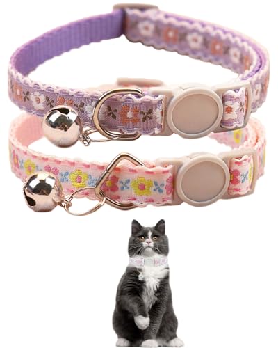 Katzenhalsband mit niedlicher Blumenstickerei, mit Glöckchen, Katzenhalsband für Jungen, Katzen und Mädchen, Katzen – verstellbar (17–31 cm) (Rosa und Lila) von GoldTiger