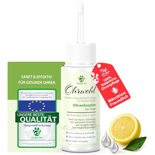 Golden Pets NEU! Ohrentropfen für Hunde & Katzen – mit Silbercitrat, Inulin & Alpha-Glucan – Mikrobiomfreundlich & alkoholfrei – 100 % natürliche Inhaltsstoffe – 50 ml von Golden Pets