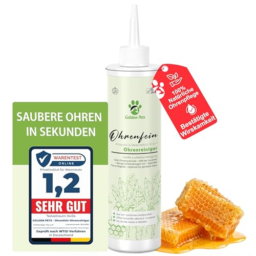 Golden Pets Testnote Sehr gut - Ohrenreiniger Hund & Katze - 100% natürlich gegen Entzündung, Juckreiz, Ohrenspülung, Ohrenschmalz Entferner, Ohrenreiniger für Hunde & Katzen, 250ml + neues E-Book von Golden Pets