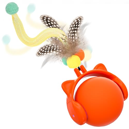 GoldenSun Katzenspielzeug, Automatisch Rollender Ball mit Federschwanz für Hauskatzen, Bewegungsaktiviertes Springendes und Zwitscherndes Katzenballspielzeug, 3 LED-Lichtmodi, Wiederaufladbar über USB von GoldenSun