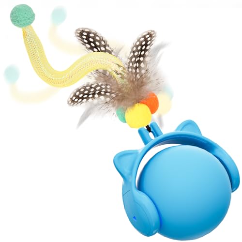 GoldenSun Katzenspielzeug, Elektrischer Rollball mit Federschwanz für Hauskatzen, Bewegungsaktiviertes Springendes und Zwitscherndes Katzenballspielzeug, Wiederaufladbar über USB, Blau von GoldenSun