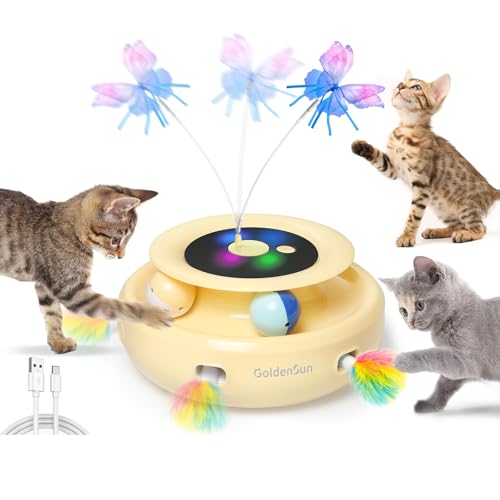 GoldenSun Interaktives Katzenspielzeug, 3 in 1 Elektrisch Automatischer Spielzeug für Katzen, Whack-A-Mole, Fluttering Butterfly, inklusive Ball, USB Wiederaufladbar Katzen Teaser mit 6 Aufsätzen von GoldenSun