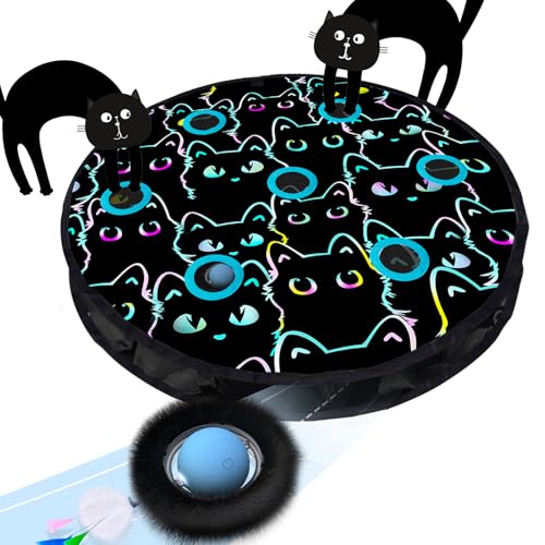 GoldenSun Katzenspielzeug, Bewegungs-Zwitscher-aktivierter Beweglicher Ball, Maus-Fangspiel Blau, 7-Loch-Versteckspiel für Katzen im Innenbereich, Schwarzes MIAU von GoldenSun