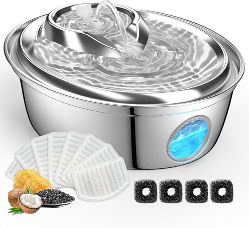GoldenSun Katzenbrunnen, Rostfreie Stähle Automatischer Wasserbrunnen für Katzen, 2L Katzen Trinkbrunnen – 12 Aktivkohlefilter, Geeignet für alle Rassengrößen (D36) von GoldenSun