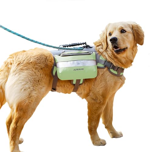 GooCare X Jumahe Großer Hunderucksack Geschirr 2 in 1 Design Wasserdichtes Muster mit Reflexstreifen und Seitentaschen (Grün) von GooCare