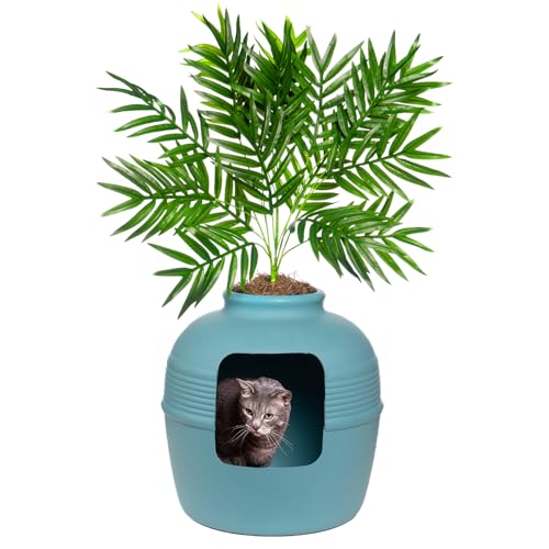 Good Pet Stuff, The Original Hidden Litter Box Base Kit, Round Enclosed Cat Litter Box Planter with Artificial Plants, Vented Carbon Odor Filter System, Florist Moss, Easy to Clean, Caribbean Blue von Good Pet Stuff