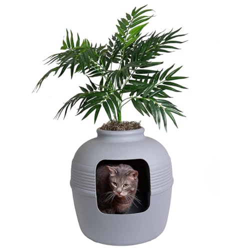 Good Pet Stuff Original versteckte Katzentoilette mit künstlicher Pflanze und geschlossenem Katzenklo, belüftet und mit Geruchsfilter, leicht zu reinigen, Steingrau von Good Pet Stuff