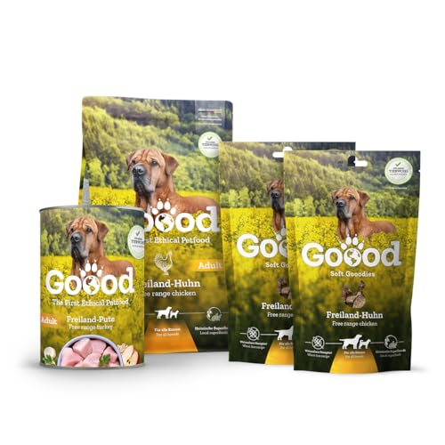 Goood Adult Freilandhuhn Probierpaket – 300g Trockenfutter, 400g Nassfutter, 2X 100g Snacks - Hundefutter mit hochwertigen Proteinen und wertvollem Vollkorn - für alle Rassen und Größen von Goood