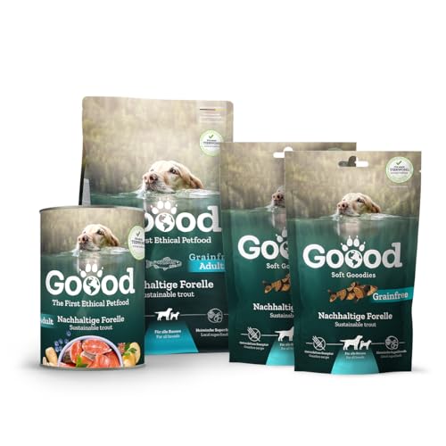 Goood Adult Nachhaltige Forelle Probierpaket – 300g Trockenfutter, 400g Nassfutter, 2X 100g Snacks - Hundefutter mit hochwertigen Proteinen, getreidefrei – für alle Rassen und Größen von Goood