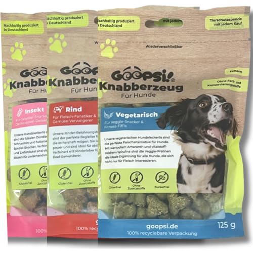 GOOPSI Hundeleckerli 3er Pack Probierpaket (Rind, Vegetarisch, Insekt) 125g - Hundeleckerli getreidefrei & ohne Zucker, Hundefutter leckerlis Hund, Hundtraining Snack aus Deutschland von Goopsi
