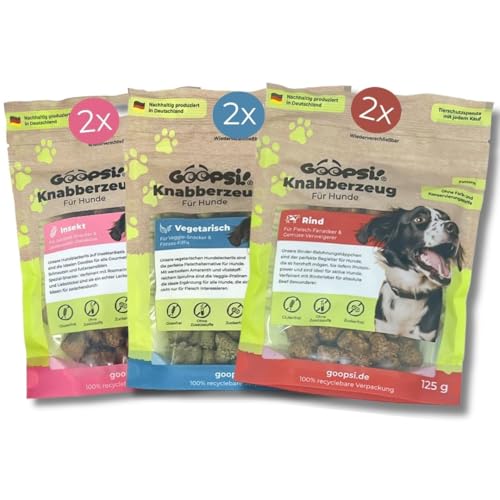 GOOPSI Hundeleckerli 6er Pack Probierpaket (Rind, Vegetarisch, Insekt) 125g - Hundeleckerli getreidefrei & ohne Zucker, Hundefutter leckerlis Hund, Hundtraining Snack aus Deutschland von Goopsi