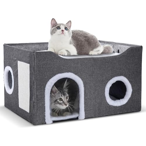 Gosipeya Katzenhaus für Indoor-Katzen – faltbare Katzenhöhle und überdachtes Katzenbett, gemütliches Versteck für kleine Haustiere und große Katzen (60 x 40 x 32,5 cm), Dunkelgrau von Gosipeya