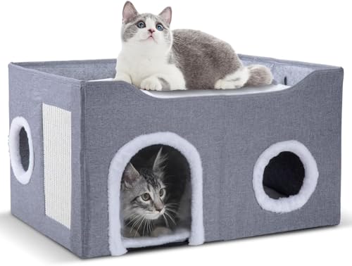 Gosipeya Katzenhaus für Indoor-Katzen – faltbare Katzenhöhle und überdachtes Katzenbett, gemütliches Versteck für kleine Haustiere und große Katzen (60 x 40 x 32,5 cm), Grau von Gosipeya