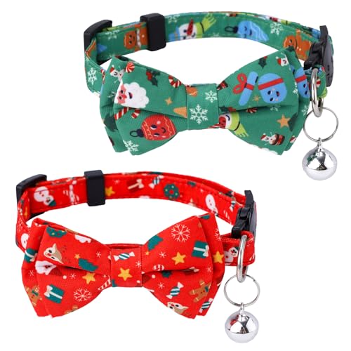 Gosknor 2stk Katzenhalsband mit Weihnachtsschleife, Schneemann-Motiv, Verstellbar, Breakaway-Verschluss, Grün, Rot, 19 cm, Baumwolle und Polyester, Weihnachten, Katze, Katzen von Gosknor