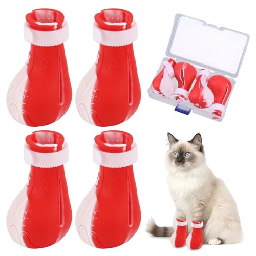 Gosknor Katzenfüße, verstellbar, kratzfest, Anti-Biss-Silikon, Krallenabdeckungen für Nageltrimmen, Baden, Überprüfung, multifunktionale Haustierpflege-Produkte (Rot-Weiß), 4 Stück von Gosknor