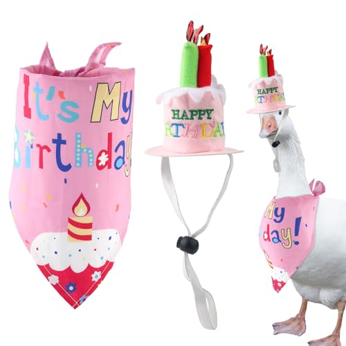 Gosknor Lustiges Porch Goose-Outfit, It's My Birthday-Bandana mit Verstellbarem Happy Birthday-Kuchenhut für 23"/17'' Rasenzement-Gansstatue Kostüm Kleidung Dekorationen (Festliche Rosa Kleidung) von Gosknor