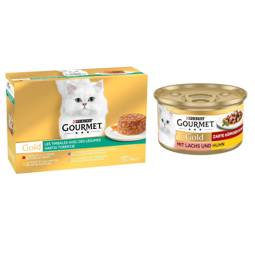 24 x 85 g Gourmet Gold + 12 x 85 g Zarte Häppchen Lachs & Huhn gratis! - Raffiniertes Ragout Mix mit Gemüse von Gourmet