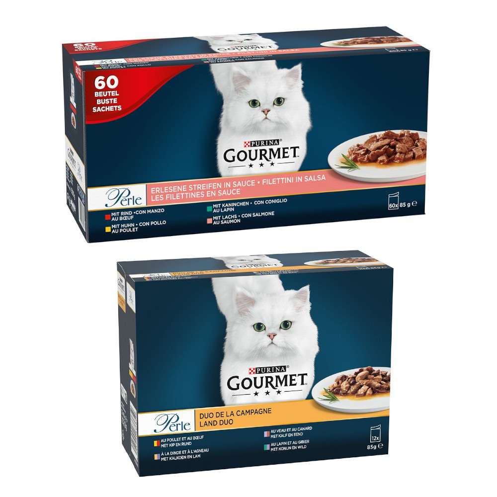 60 x 85 g Purina Gourmet + 12 x 85 g Perle Mix-Duo vom Land gratis! - Perle Erlesene Streifen von Gourmet