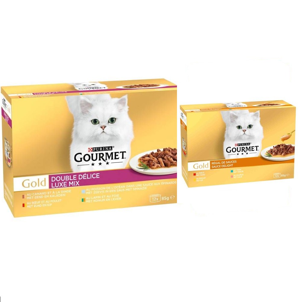 96 x 85 g Jumbopack Gourmet + 24 x 85 g passendes Nassfutter gratis! - 96 x 85 g Gold Duo Delice: Luxus-Mix + 24 x 85 g Gold Saftig-Feine Streifen: Huhn Varianten von Gourmet