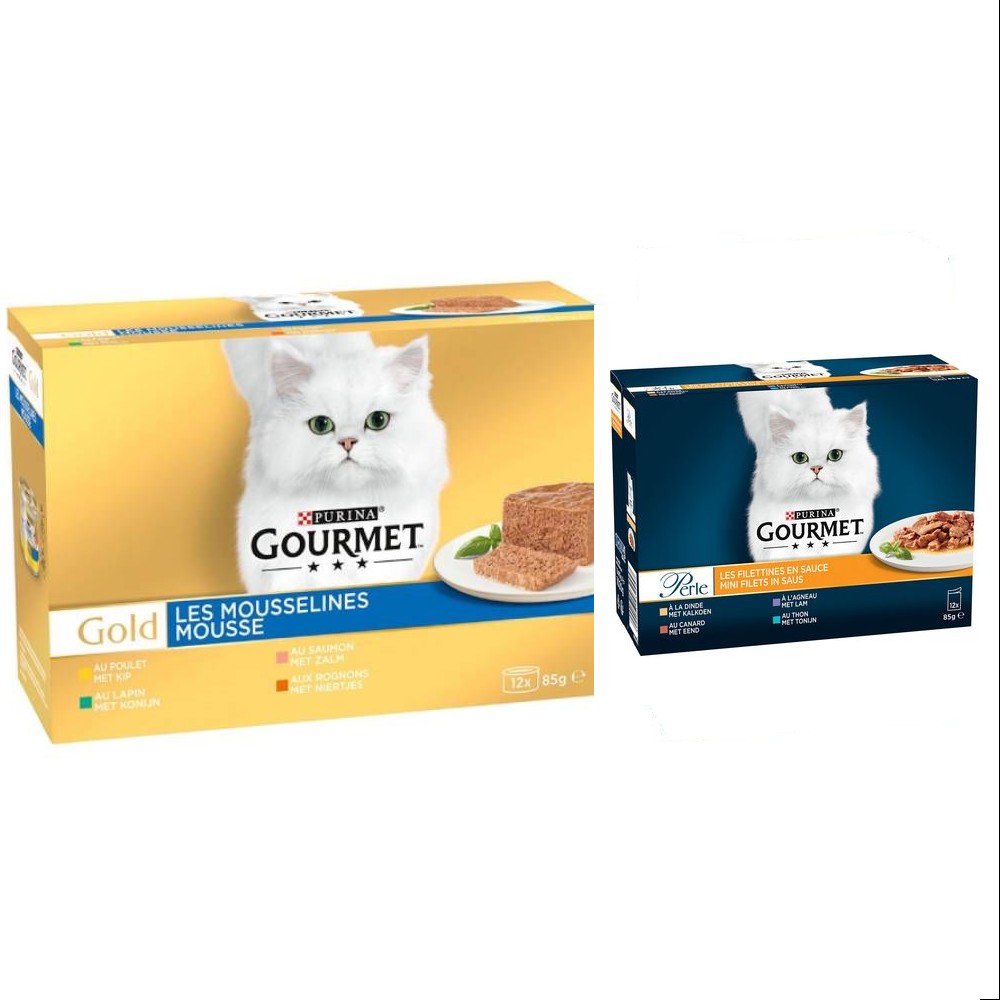96 x 85 g Jumbopack Gourmet + 24 x 85 g passendes Nassfutter gratis! - 96 x 85 g Gold Feine Pastete: Kaninchen, Huhn, Lachs, Nieren + 24 x 85 g Perle Gemischte Auswahl: Erlesene Streifen in Sauce von Gourmet