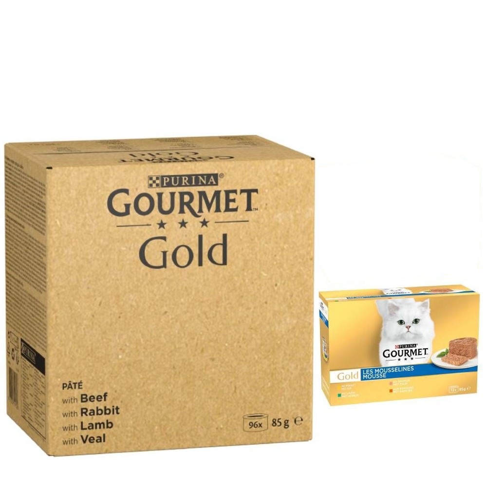 96 x 85 g Jumbopack Gourmet + 24 x 85 g passendes Nassfutter gratis! - 96 x 85 g Gold Feine Pastete: Rind, Kaninchen, Lamm, Kalbfleisch + 24 x 85 g Gold Feine Pastete: Kaninchen, Huhn, Lachs, Nieren von Gourmet