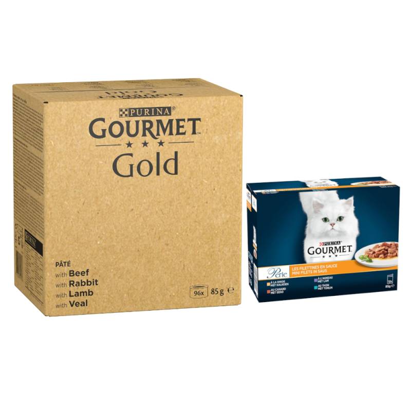 96 x 85 g Jumbopack Gourmet + 24 x 85 g passendes Nassfutter gratis! - 96 x 85 g Gold Feine Pastete: Rind, Kaninchen, Lamm, Kalbfleisch + 24 x 85 g Perle: Erlesene Streifen in Sauce 96 x 85 g Jumbopack Gourmet + 24 x 85 g passendes Nassfutter gratis! - 96 x 85 g Gold Feine Pastete: Rind, Kaninchen, Lamm, Kalbfleisch + 24 x 85 g Perle: Erlesene Streifen in Sauce von Gourmet