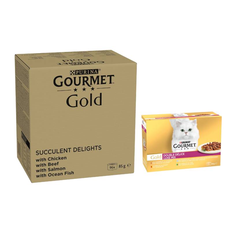 96 x 85 g Jumbopack Gourmet + 24 x 85 g passendes Nassfutter gratis! - 96 x 85 g Gold Saftig-Feine Streifen: Huhn, Meeresfisch, Rind, Lachs + 24 x 85 g Gold Duo Delice: Luxus-Mix 96 x 85 g Jumbopack Gourmet + 24 x 85 g passendes Nassfutter gratis! - 96 x 85 g Gold Saftig-Feine Streifen: Huhn, Meeresfisch, Rind, Lachs + 24 x 85 g Gold Duo Delice: Luxus-Mix von Gourmet