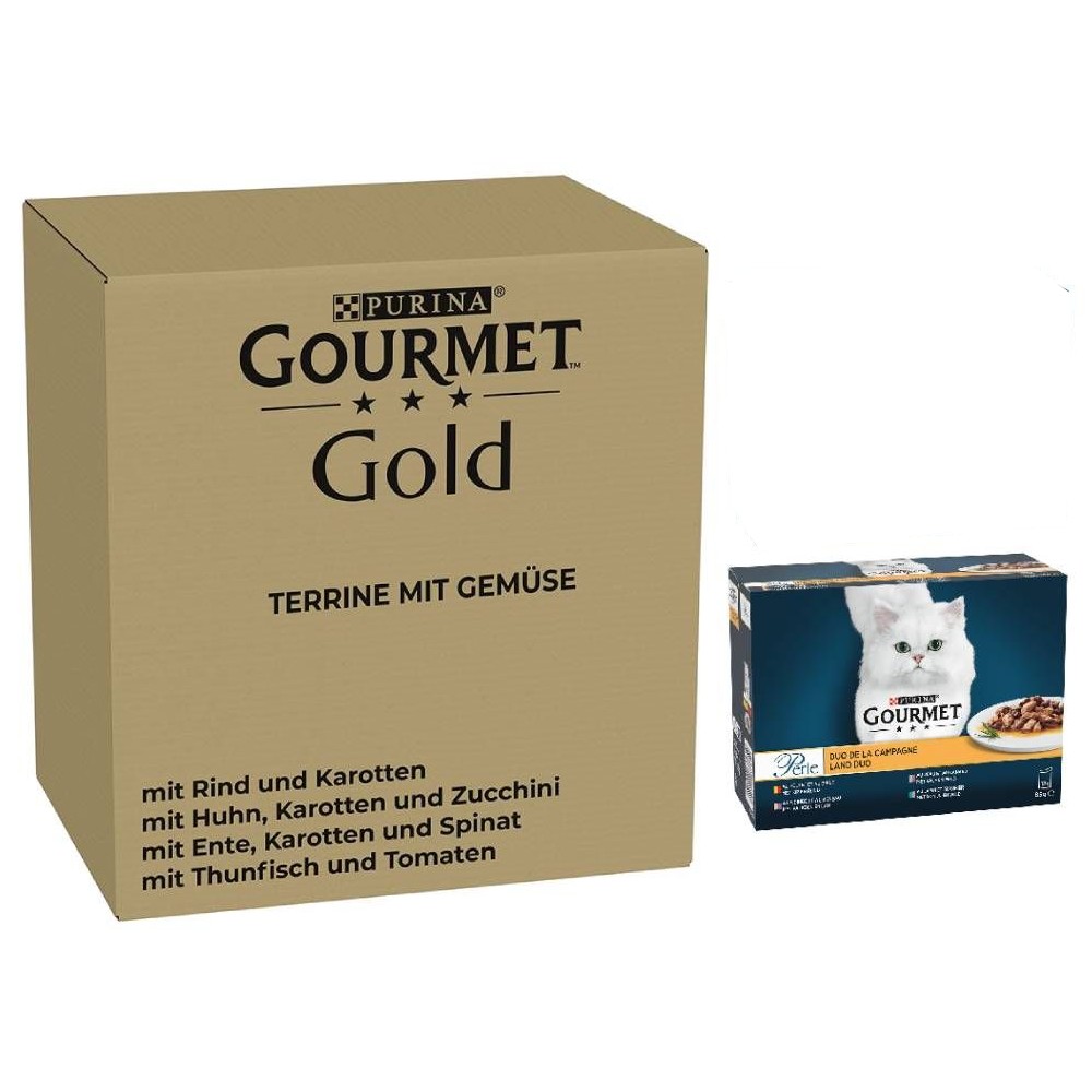 96 x 85 g Jumbopack Gourmet + 24 x 85 g passendes Nassfutter gratis! - 96 x 85 g Gold Terrine: mit Gemüse + 24 x 85 g Perle Gemischte Auswahl: Duo vom Land von Gourmet