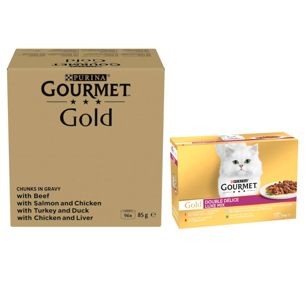 96 x 85 g Jumbopack Gourmet + 24 x 85 g passendes Nassfutter gratis! - 96 x 85 g Gold Zarte Häppchen: Rind, Huhn & Leber, Lachs & Huhn, Truthahn & Ente + 24 x 85 g Gold Duo Delice: Luxus-Mix von Gourmet