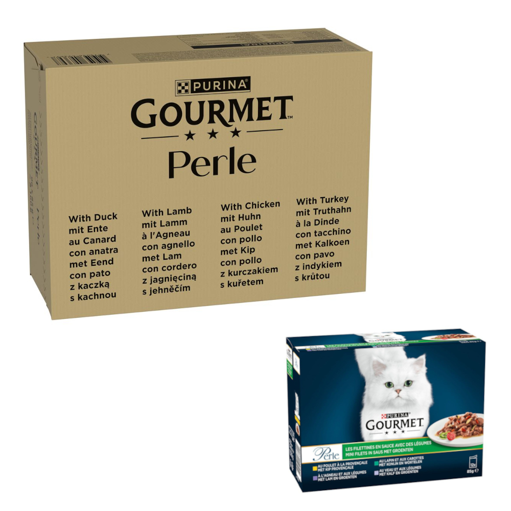 96 x 85 g Jumbopack Gourmet + 24 x 85 g passendes Nassfutter gratis! - 96 x 85 g Perle: Ente, Lamm, Huhn, Truthahn in Sauce  + 24 x 85 g Perle Gemischte Auswahl: Erlesene Streifen mit Gemüse von Gourmet